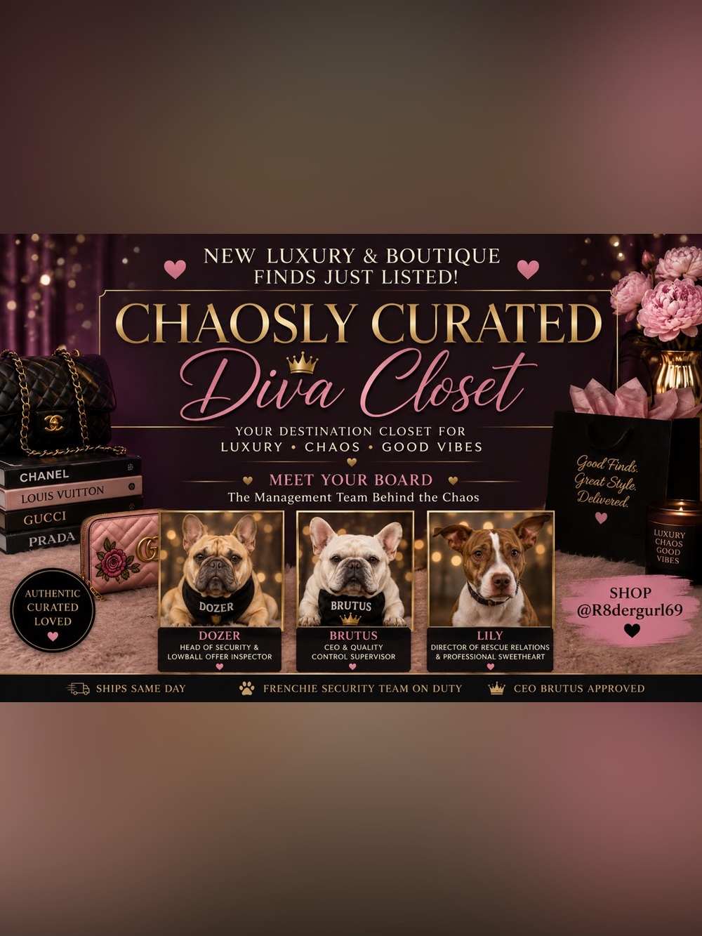 💋 Welcome to Chaosly Curated Diva Closet 🐾
Luxury • Rescue Dogs • Managed Chaos